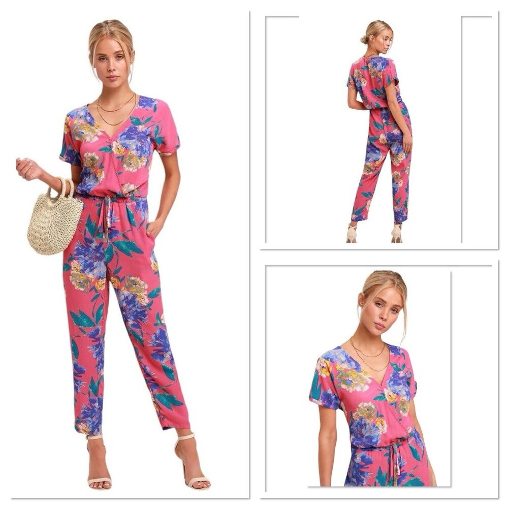 Lulu’s Successful Statice Hot Pink Floral Print Jumpsuit Women Small Cropped